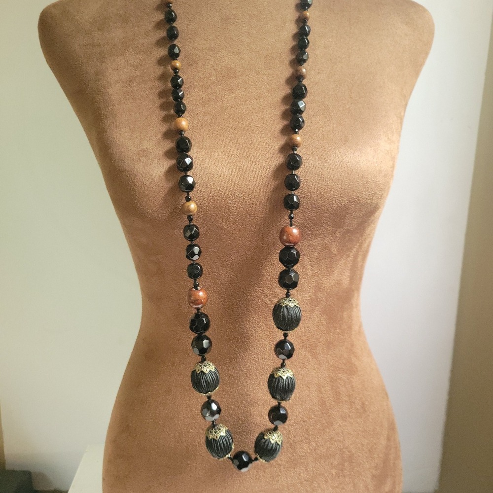 Vintage Style Black Faceted Bead & Wood Long Statement Necklace 40 Inch Size L